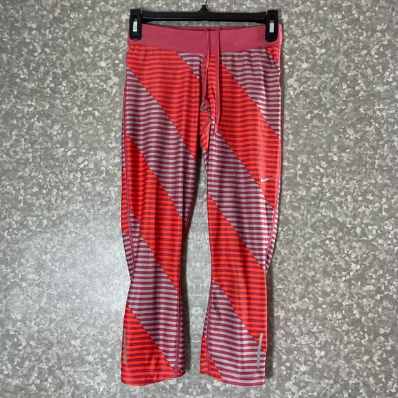 Nike Dri Fit Pink Striped Capri Activewear Leggings - Size XS - Fold Over Waist - Picture 1 of 7